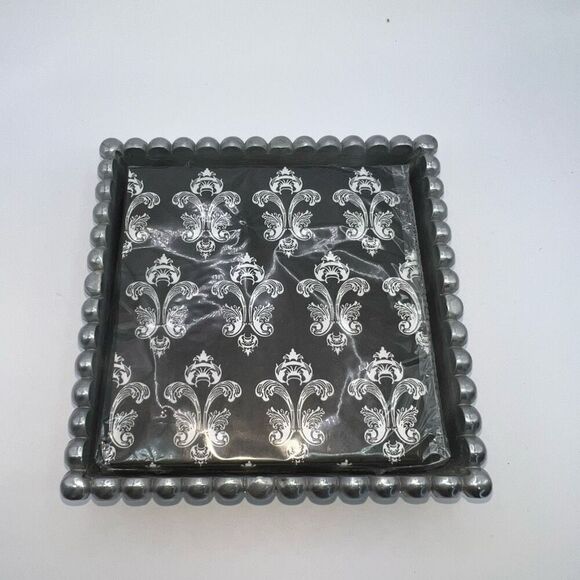 Pewter Beaded Napkin Box With Fleur De Lis Napkins Collectable Decor Serving - Picture 1 of 6